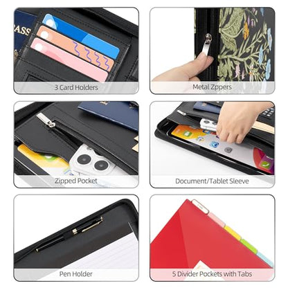Ospelelf Leather Portfolio Folder with Zipper - 3 Ring Binder with Clipbard - Calculator, 12.1” Tablet Sleeve, 5 Dividers with 10 Pockets, Refillable Notepad, Card Holder (Bushes) - color: Bushes