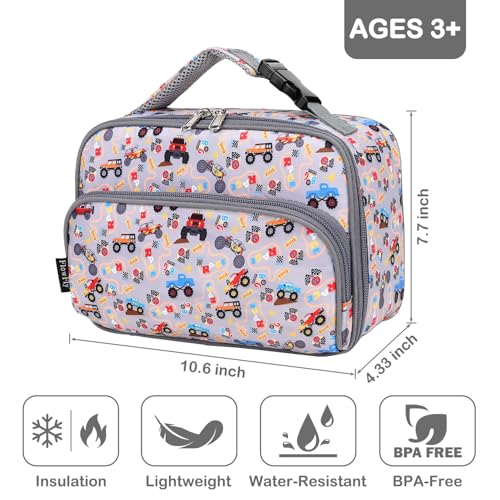FlowFly Kids Lunch box with buckle Insulated Cooler Back to School Thermal Meal Tote Kit for Girls, Boys, Truck - color: M&Truck