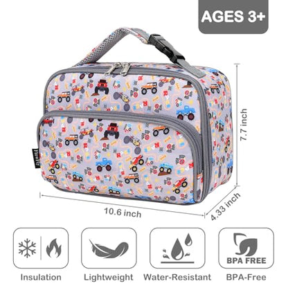 FlowFly Kids Lunch box with buckle Insulated Cooler Back to School Thermal Meal Tote Kit for Girls, Boys, Truck - color: M&Truck
