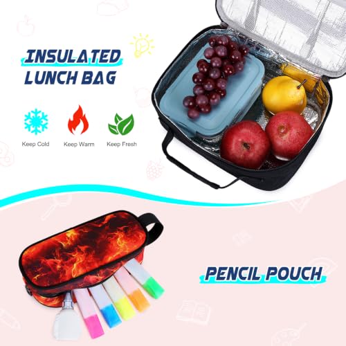 Scothen 3PCS Rolling Backpack for Boys, Cool Gamer Roller Backpack with Wheels, Kids Boy Wheeled Backpacks with Lunch Bag Pencil Case for Teens Bookbag Kindergarten Elementary Middle School - color: Red Flame