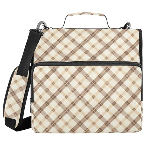 Plaid Zipper Binder 3 Ring Binder with Zipper 1.5 Inch Shoulder Strap & Handle Binders Organizer Bag Oatmeal Color - color: Oatmeal Color