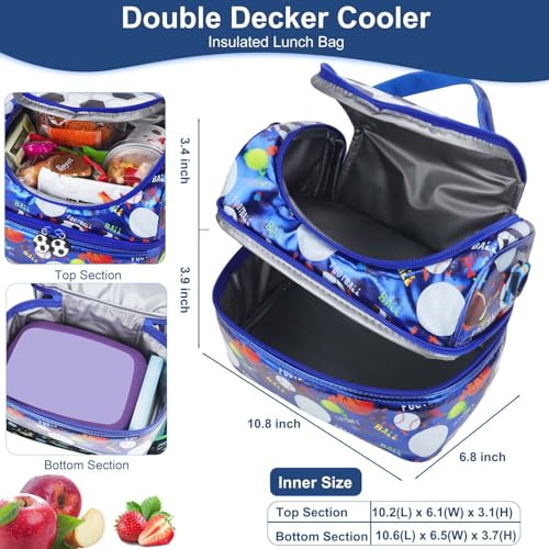 RHCPFOVR Kids Lunch Bag - Double Decker Cooler Insulated Lunch Box for Boys Girls Washable Lunch Bag and Reusable Toddler Lunchbox for School and Daycare - color: Blue Football