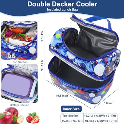 RHCPFOVR Kids Lunch Bag - Double Decker Cooler Insulated Lunch Box for Boys Girls Washable Lunch Bag and Reusable Toddler Lunchbox for School and Daycare - color: Blue Football