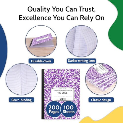 12 Pack - EPI Wide Ruled Marble Composition Notebook - Purple 200 Page Note Book - 9.75 x 7.5 Inch Hardcover Journal with Sewn Binding for Secure Pages - Classroom Back to School Supplies - color: Purple, size: 12