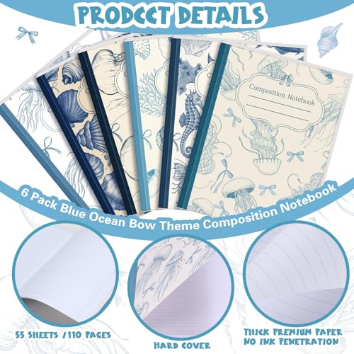 AmazingSpark Blue 6 Pack Composition Notebooks College Ruled Bulk Retro Sea Bow Blue Pink Composition Notebook for Back to School 110 Page 7-1/2"x9-3/4" Jellyfish Journal for First Day of School - color: Blue