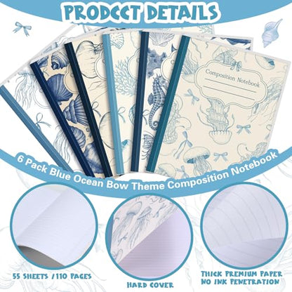 AmazingSpark Blue 6 Pack Composition Notebooks College Ruled Bulk Retro Sea Bow Blue Pink Composition Notebook for Back to School 110 Page 7-1/2"x9-3/4" Jellyfish Journal for First Day of School - color: Blue