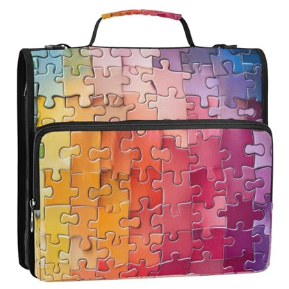 Kigai Jigsaw Puzzle Pattern 3 Ring Zipper Binder 1.5 inch D Ring Binder Organizer with Shoulder Strap Multi-Pocket Expanding File Folder Tote Bag for School Office