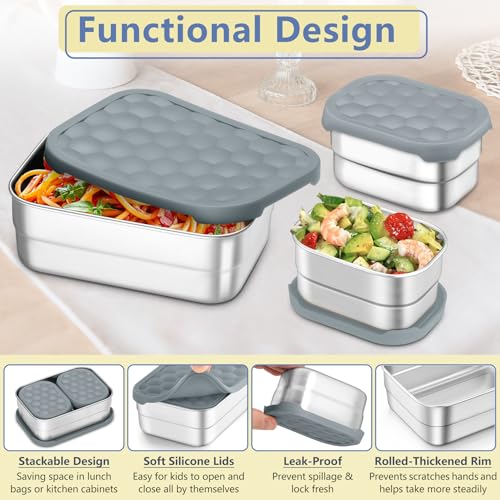 TeamFar Stainless Steel Lunch Box, Food Snack Storage Bento Containers with Silicone Lids for Kids Adults to School Work, Kids Friendly & Dishwasher Safe, Leak-Proof & Easy Open, 25OZ + 8OZ*2 (Grey) - color: Gray
