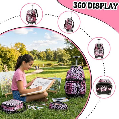 Rolling Backpacks for Kids Backpack for Girls with Lunch Bag Pencil Case 16.5" Kids Backpack with Wheels Roller Backpacks for Girls - color: Heifenaixin
