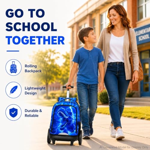3Pcs Large Rolling Backpack for Boys, 20 Inch Detachable Light Up Wheeled Bookbag with Lunch Box, Durable Lightning Dinosaur Roller Backpack for Elementary Middle School (Blue) - color: Large Wheels Dinosaur Blue