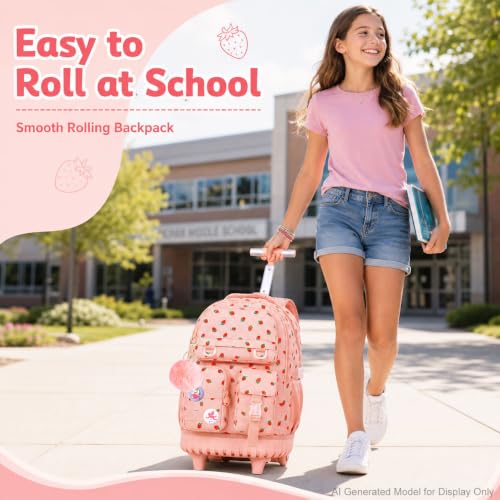 WZLVO 3PCS Wheeled Backpack, Water Resistance Rolling Bookbag for Girls, Women Aesthetic Roller School Bag Set with Lunch Box & Pencil Bag for Teens & Kids - Pink Strawberry - color: 3pcs Girls Rolling Backpack - Pink Strawberry