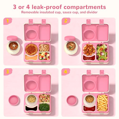 Bento Box for Kids, Leakproof Kids Bento Lunch Box Container with 8oz Insulated Thermo Food Jar, Sauce Jar, Utensil, DIY Stickers for School Boys Girls, 3-4 Compartments, BPA-Free - color: Beige Pink