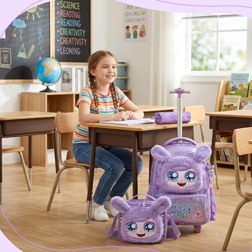Meetbelify Rolling Backpack for Girls Backpacks with Wheels for Elementary Student Kids School Travel Bag for Girls Ages 6-8 Years Old Purple - color: Purple