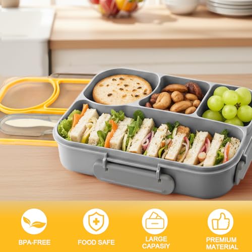Bento Box for Adults,4 Compartments Lunch Box, Snack Containers Reusable Lunch Containers Drop-Proof, Dishwasher Safe & Made with BPA-Free Materials, Grey - color: Gray