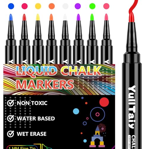 Chalk Markers - Fine Tip Wet Erase Markers, 8 Color Set for Chalkboard, Glass, Mirror