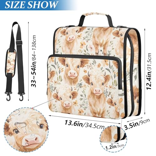 Cute Highland Cows Waterproof 13" Binder Bag Organizer with Expandable Storage,3-Ring Zipper Binder with Shoulder Strap for School & Office