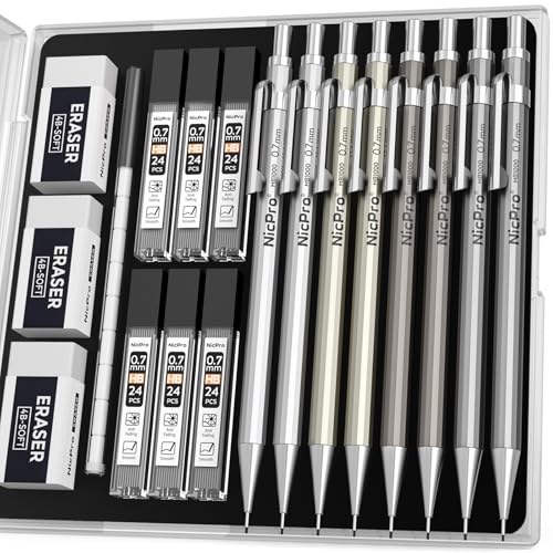 Nicpro 8 Pack Mechanical Pencil 0.7mm with Case, MB1000 Metal Mechanical Pencil Set with 6 Tube HB #2 Lead Refill 0.7 mm, 3PCS 4B Eraser, 9 Cap Eraser for Artist Drafting Writing, Sketching, Drawing - style: 8 Pack （0.7mm）