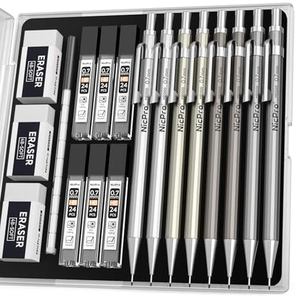 Nicpro 8 Pack Mechanical Pencil 0.7mm, MB1000 Metal Mechanical Pencil Set | 6 Tube HB #2 Lead Refill 0.7 mm, 3PCS 4B Eraser, 9 Cap Eraser with Case for Artist Drafting Writing, Sketching, Drawing - style: 8 Pack （0.7mm）