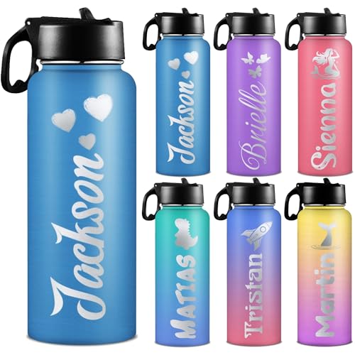 D-Story Personalized Water Bottle with Straw for Kids Custom 18 Oz Stainless Steel Double Wall Insulated BPA Free Sport Water Bottles with Name Icon Logo Customized Birthday Gifts for Kids Women Men - color: Design 25