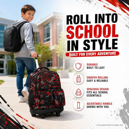 CCJPX 3Pcs Rolling Backpack for Boys, Roller Wheeled School Bookbag, Graffiti Wheels Backpacks with Lunch Box for Kids (Red) - color: Graffiti Red