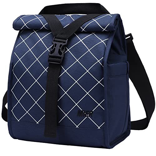 MIER Insulated Lunch Bag Roll Top Lunchbox for Women Men Adults Foldable Rolltop Lunch Tote with Shoulder Strap for Work Office Picnic, Water Bottle Holder, Blue - color: Blue