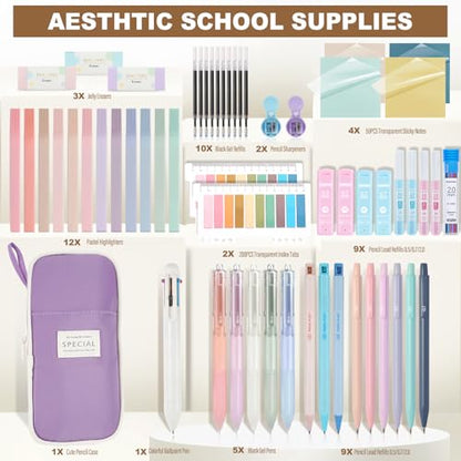58 PCS Aesthetic School Supplies with Cute Pencil Case,12 Pastel Highlighters, 5 Gel Pens Black Ink，9 Mechanical Pencils for，Student Stationary，CollegeEssentials Gifts (Purple) - color: Purple