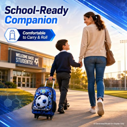 CCJPX 3PCS Soccer Rolling Backpack for Boys, Roller School Bookbag with Lunch Box, Football Water Resistant Wheeled Backpacks for Teens Elementary Travel-Blue - color: Blue Football