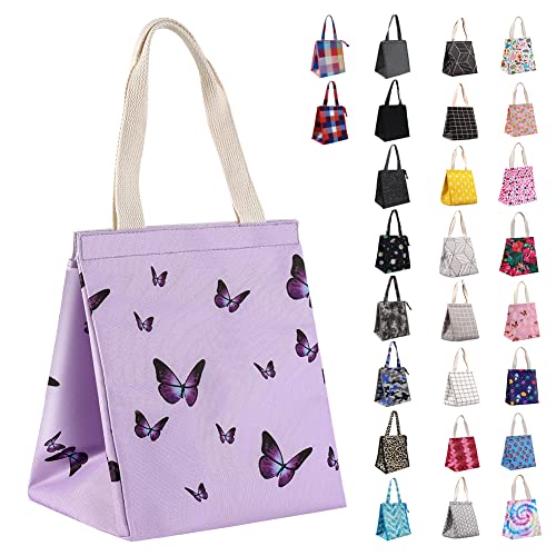 iknoe Insulated Lunch Bag for Women, 9L, Purple Butterfly | Durable, Wide-Open Foldable & Portable, Interior Pockets, Water-resistant Thermal Cooler - color: purple butterflies, size: Velcro Closure