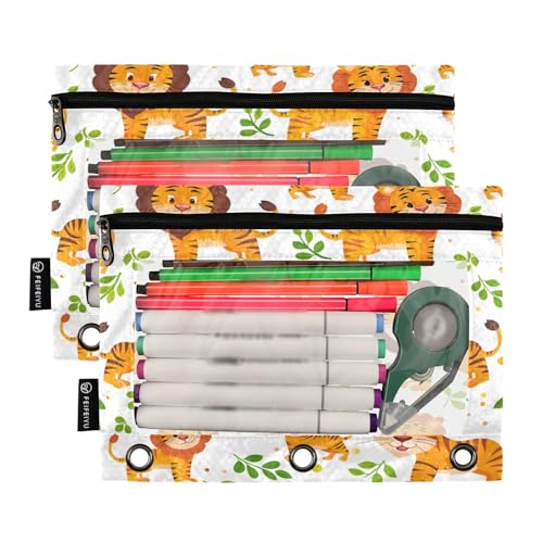 SUABO Cute Lovely Lion Pencil Pouch for 3 Ring Binder, 2 PCS Binder Pencil Pouch with Zipper, Clear Window Zipper Pencil Case Pencil Bags for Office Supplies - color: Lion