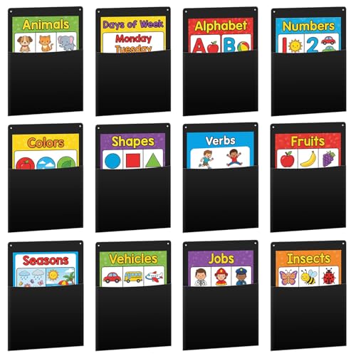 Fuutreo 12 Pcs Black Plastic Oversized Wall Pockets 12.6" x 9.4" Inches Hanging Wall Mounted File Holder Mail Organizer for Classroom Bulletin Boards Home Office School - color: Black