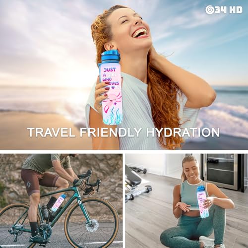 34HD Axolotl Gifts for Girls, 32 oz Water Bottle with Times to Drink, Motivational Tritan Frosted Water Bottle with Strap, Perfect Valentine Day or Birthday Present for Him Her - color: Axolotl Lovers