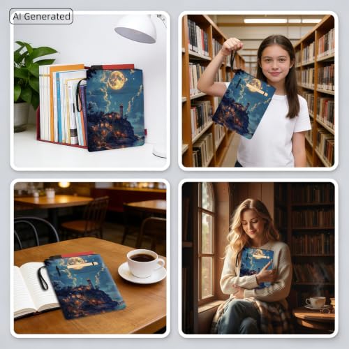Padded Book Sleeve with Zipper & Front Pocket, Fabric Book Cover | Full Moon Ocean Lighthouse11.4"x8.7" Washable Canvas Pouch for Hardcovers, Tablets & Reading Accessories - color: Full Moon Ocean Lighthouse