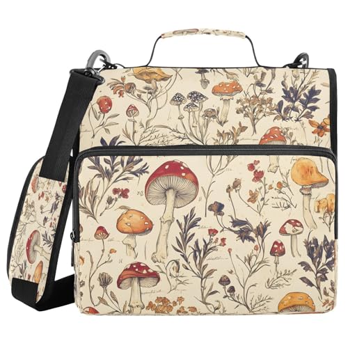 ALAZA Zipper Binder 3 Ring Hand Drawn Mushroom Binder Organizer with Zipper and Shoulder Strap Large Capacity Multi-Pocket Trapper Keeper File Folder for Office Supplies - color: Multicolored 3