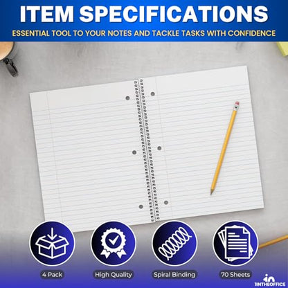 1InTheOffice Spiral Notebook 8.5x11 Wide Ruled, 1-Subject Notebooks, Wirebound Spiral Notebooks, 3-Hole Punched, 70 Sheets, Assorted Colors, 4 Pack