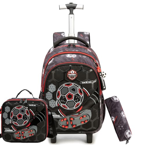Rolling Backpack for Boys School Backpack with Wheels for Kids Roller Backpacks for Kids Backpacks with Lunch Box Pencil Case for Elementary Back to School Supplies - color: Black Red Soccer