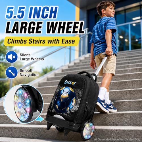 AGSDON Quiet Rolling Backpack with Lunch Box Set – Large Luminous Wheel Water‑Resistant Wheeled Bag for School, Outings, and Travel | Black Gold Soccer 3‑Piece Organizer Backpack - color: Large Luminous Wheel Rolling Black Gold Soccer