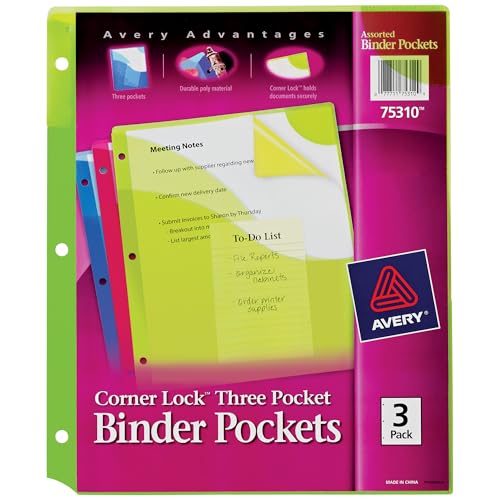 Avery Corner Lock Binder Pockets for 3 Ring Binders, Assorted Colors, for 8.5" x 11" Documents, Acid-Free and Archival-Safe, 3 Binder Folders Total (75310)