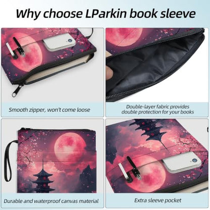 Padded Book Sleeve with Zipper & Front Pocket, Fabric Book Cover | Pagoda Blood Moon11.4"x8.7" Washable Canvas Pouch for Hardcovers, Tablets & Reading Accessories - color: Pagoda Blood Moon
