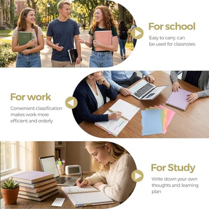 SKYDUE 5 Subject Notebook with Dividers and Tabs, 8" x 10" College Ruled Notebook for Work, 300 Pages Spiral Journal for Women, Black - color: Black