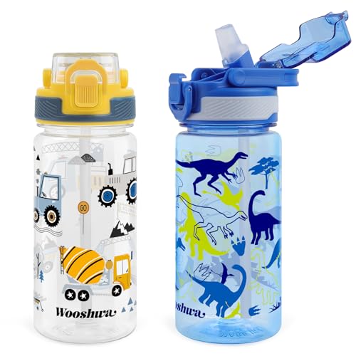 Kids Water Bottle for School, 16 Oz Plastic Water Bottle, 2 Pack | Silicone Spout, Pop-Up Cover, BPA Free & Dishwasher Safe, Excavator & Dinosaur