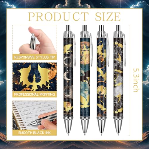 Dragon Ballpoint Pens Gifts - 24 Pcs Fantasy Sun Moon Retractable Ball Point Pen Black Ink Smooth Writing Party Favors for Women Students Romantasy Books Lovers Home Office Supplies Merch - style: Dragon