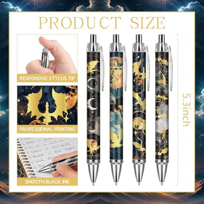 Dragon Ballpoint Pens Gifts - 24 Pcs Fantasy Sun Moon Retractable Ball Point Pen Black Ink Smooth Writing Party Favors for Women Students Romantasy Books Lovers Home Office Supplies Merch - style: Dragon