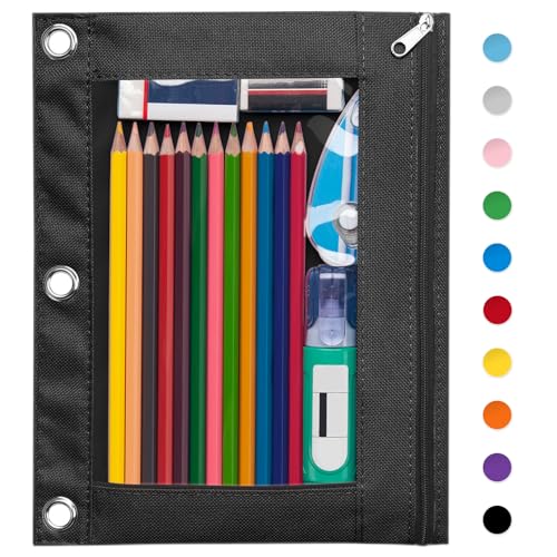 Forvencer Pencil Pouch for 3 Ring Binder, Large Pencil Case Pouch with 3 Reinforced Grommets, Pen Bag, Clear Window Pencil Case, Binder Accessories, Black - color: Black, size: 1 Pack
