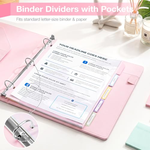 Ospelelf Binder Dividers with Tabs & 2 Pockets for 3 Ring Binder, Macaron | 3 Hole, Waterproof Plastic Dividers 11" x 8.5" , File Notebook Folders For School Office - color: Macaron