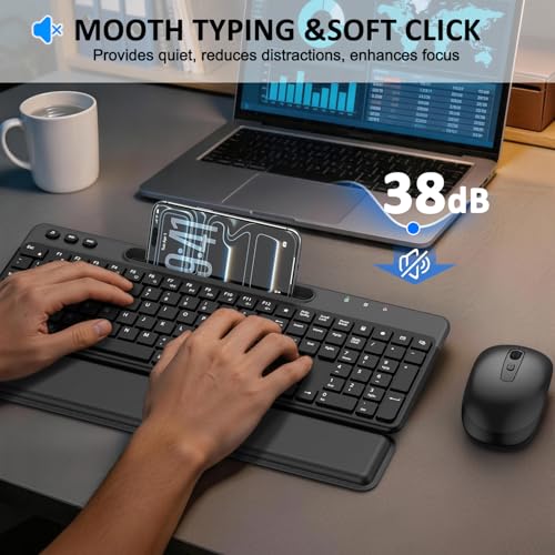 Wireless Keyboard and Mouse Combo, 2.4G Full-Sized Ergonomic Computer Silent Keyboard with Soft Wrist Rest, Phone Tablet Holder, 3 DPI Quiet Mouse for Windows, Mac OS Laptop/PC/Desktop