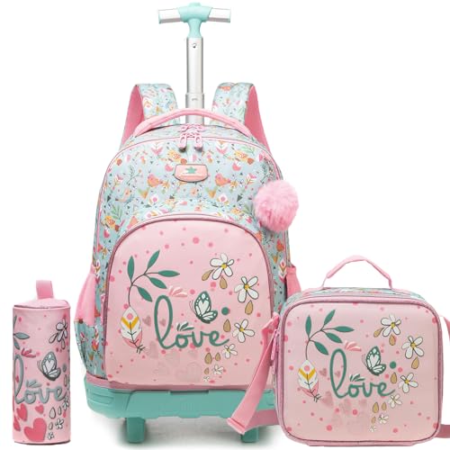 Rolling Backpack for Kids Girls Rolling Backpack for School Backpacks with Wheels for Kids 8-12 Flower Roller Backpacks for Girls with Lunch Box - color: Pink Flower