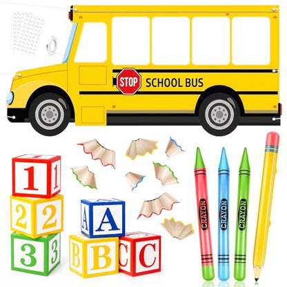 19 Pcs Back to School Decorations Set, School Bus Backdrop, Giant Inflatable Jumbo Crayons & Pencil Balloons, ABC 123 Letter Boxes for First Day of School Kindergarten Preschool Classroom Decor