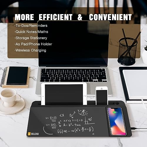 SELEAD Desktop Glass Whiteboard with Wireless Charger Station, Dry Erase Board Computer Pad Keyboard Stand with Organizer Drawer for Home, School, Office Desk Accessories, Black - color: Black Charger