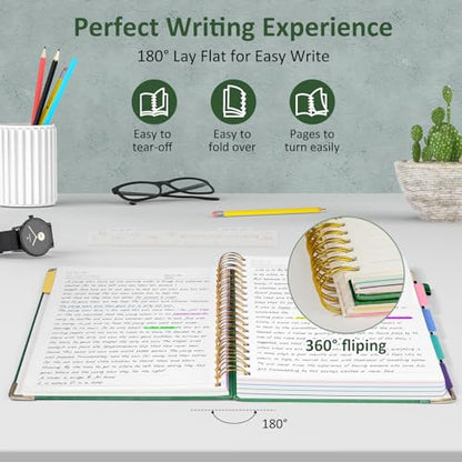 Hardcover Spiral Notebook Journal with Removable PVC Dividers - 8'' x 10'' Large 100 GSM Paper B5 Notebooks with Tabs, 300 Pages Leather 5 Subject Notebook College Ruled for Work School Notes, Green - color: Green