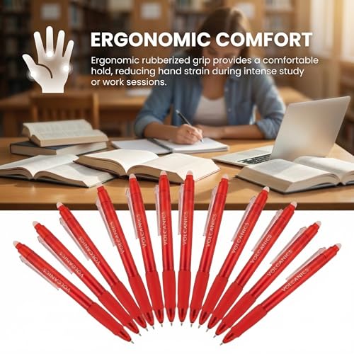Volcanics Erasable Gel Pens Red Ink, 12 Pack Retractable Clicker Gel Ink Pen, 0.7mm,Fine Point Smooth Writing for Office Work Journaling - color: Red